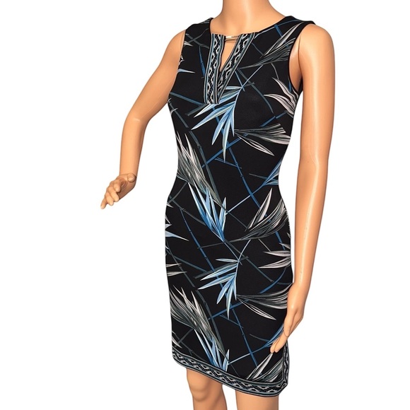 Black & Teal Palm Print Embroidered Sleeveless Sheath Dress ~ Sz XXS ~ NWT - Picture 9 of 13